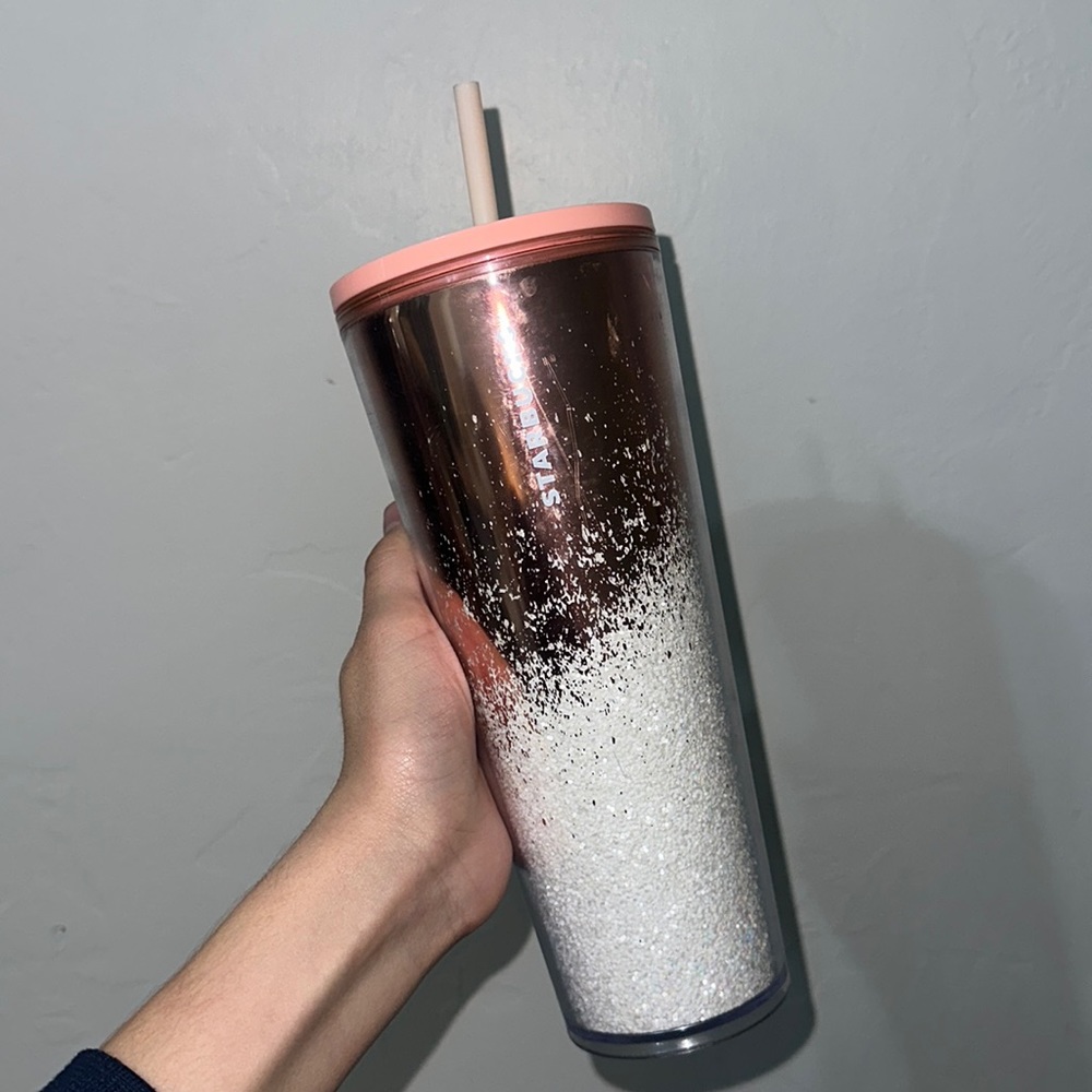 Holidays Starbucks Tumblr rose gold with white glitter, small chip on bottom